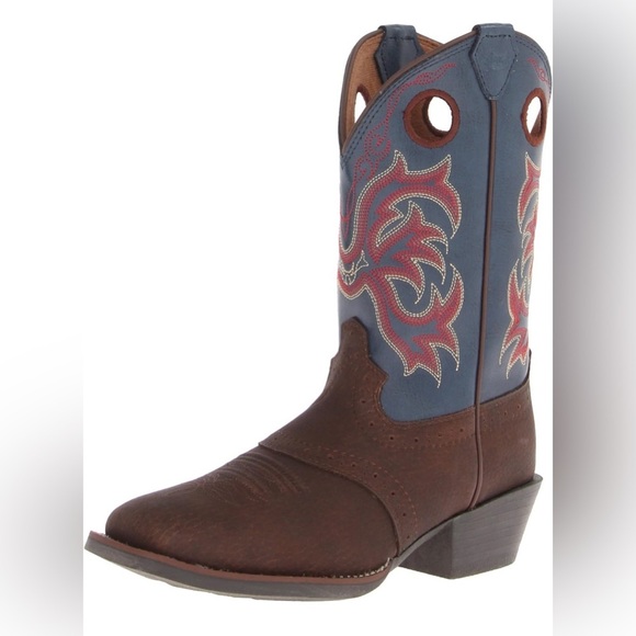 2520JR Childrens Justin Lasso Western Boots Square Toe Brown/Blue Size 4 D - Picture 1 of 7